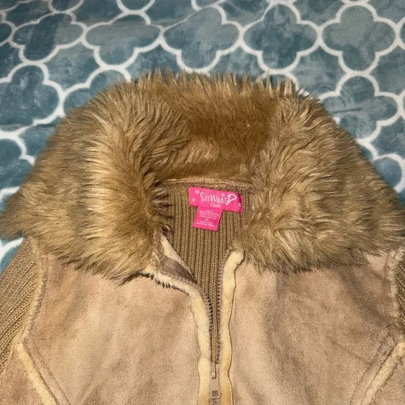 Girls Brown Faux Fur Trim Jacket - Picture 3 of 5